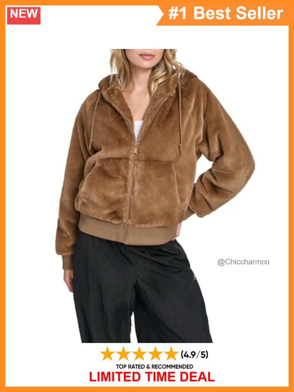Faux Fur Hoody Bomber Jacket Relaxed Fit Zip Front Cold Weather